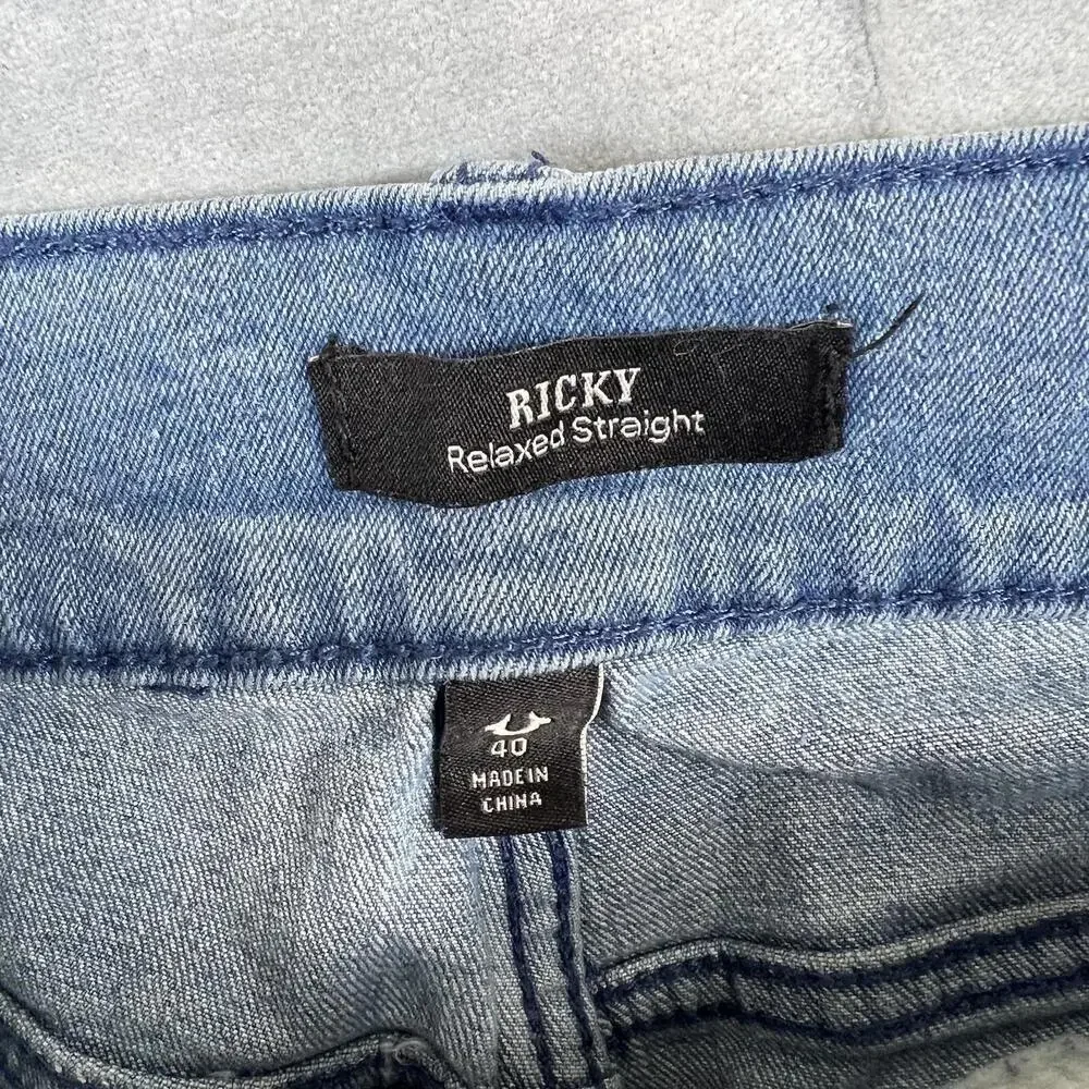 True Religion Ricky Relaxed Straight Jeans Mens 40 Blue Med Wash Flap Pocket